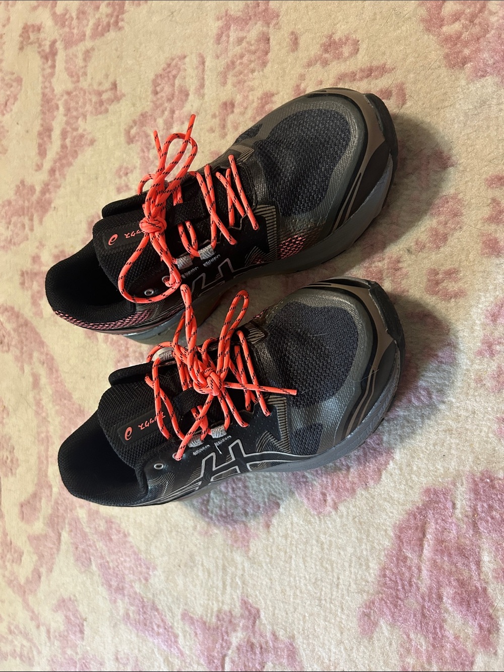 Asics Black and Gray Athletic Shoes with Coral Laces